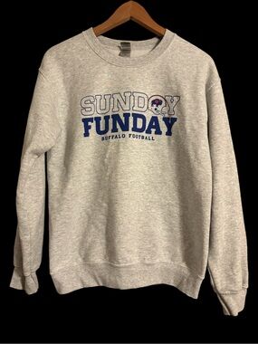 'Sunday Funday' Buffalo Football Crewneck Heather Gray Unisex Sz S 20” Across